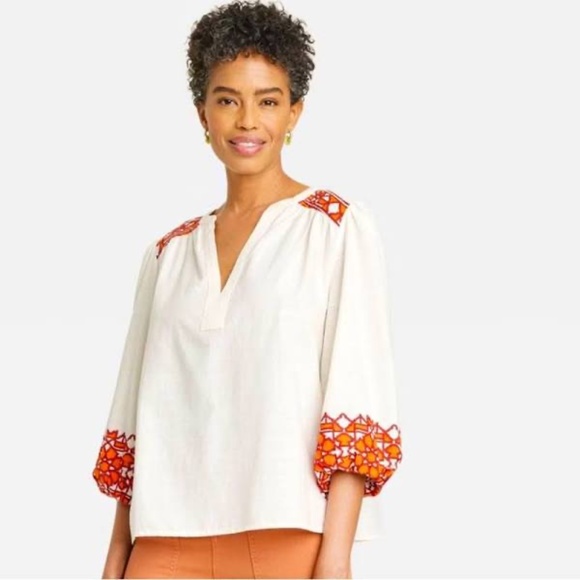 NWOT Knox Rose Boho Cream Blouse Aztec Design Balloon 3/4 Sleeves Sz L - Picture 1 of 9